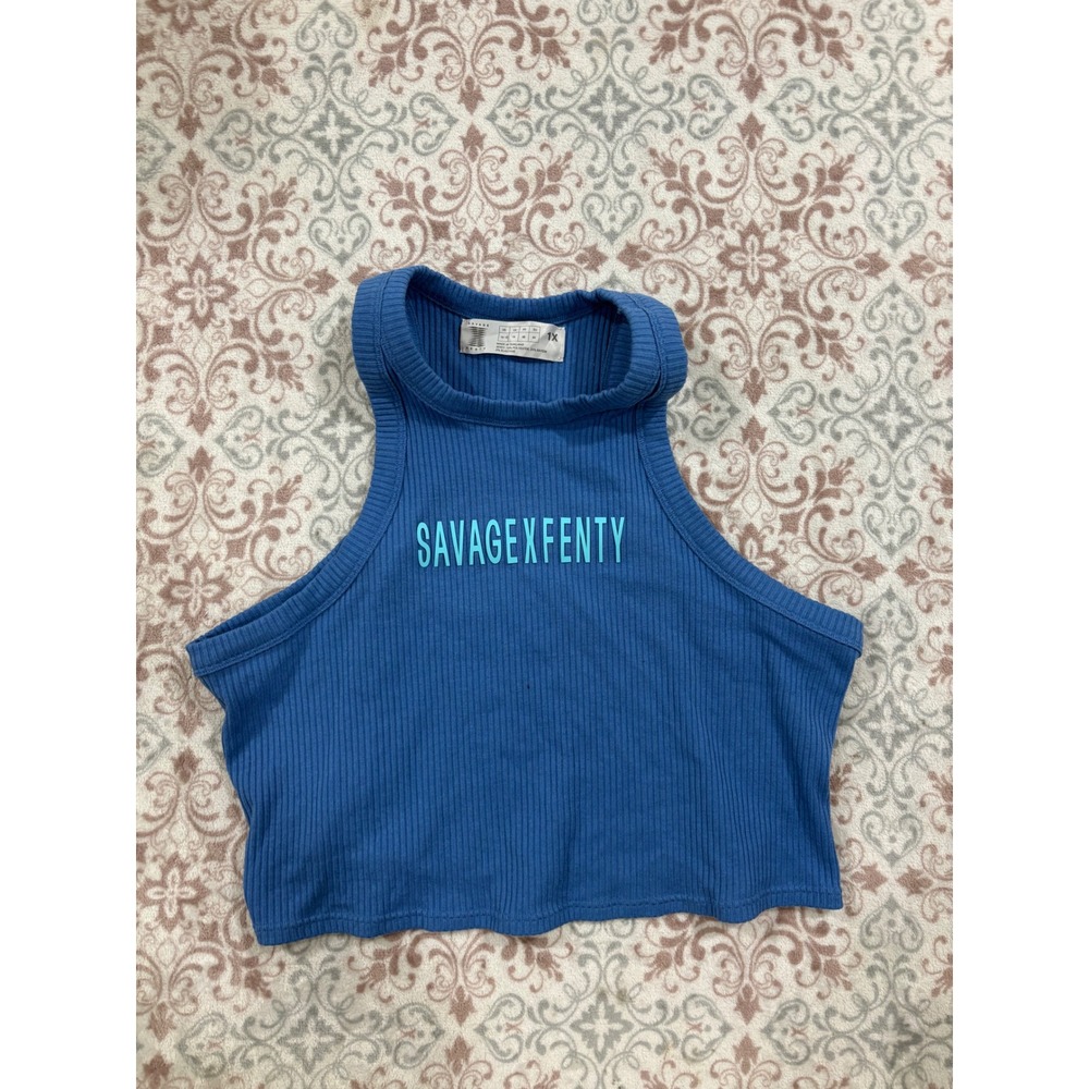 Savage X Fenty Blue Ribbed Knit Logo Crop Top Halter Tank 1X